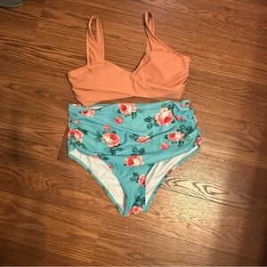 Cupshe High Waisted Bikini | Peach & Teal Floral | Size XL NWOT